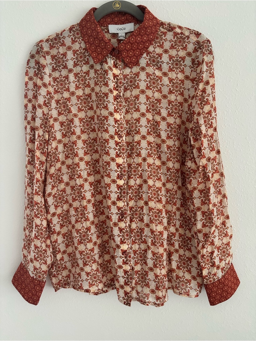 CeCe Lightweight Spicy Orange Cream and Button-Down women’s top